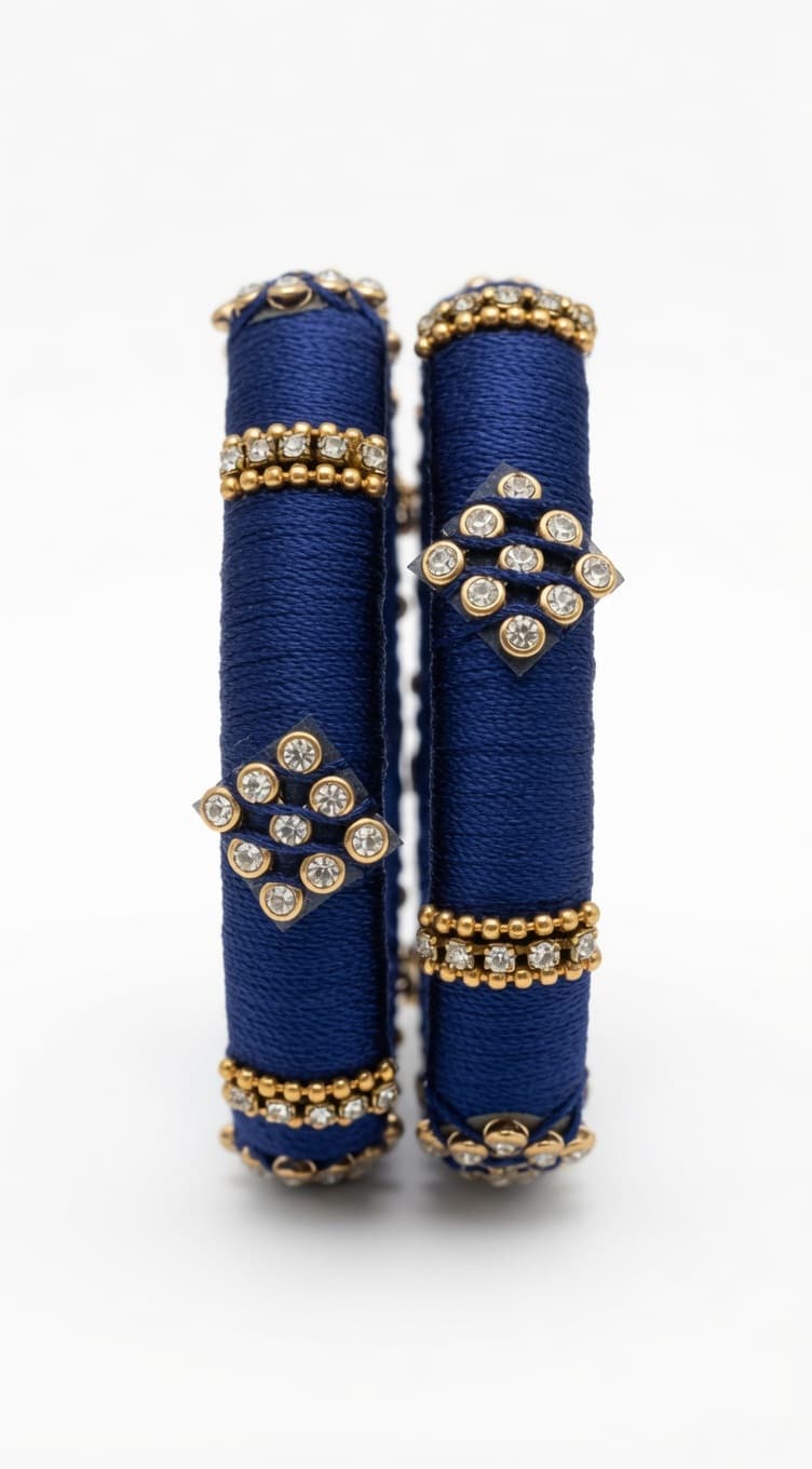 Shanti Collections Handmade Royal Blue Silk Thread Bangles with Crystal Diamond Motif (Pair)
