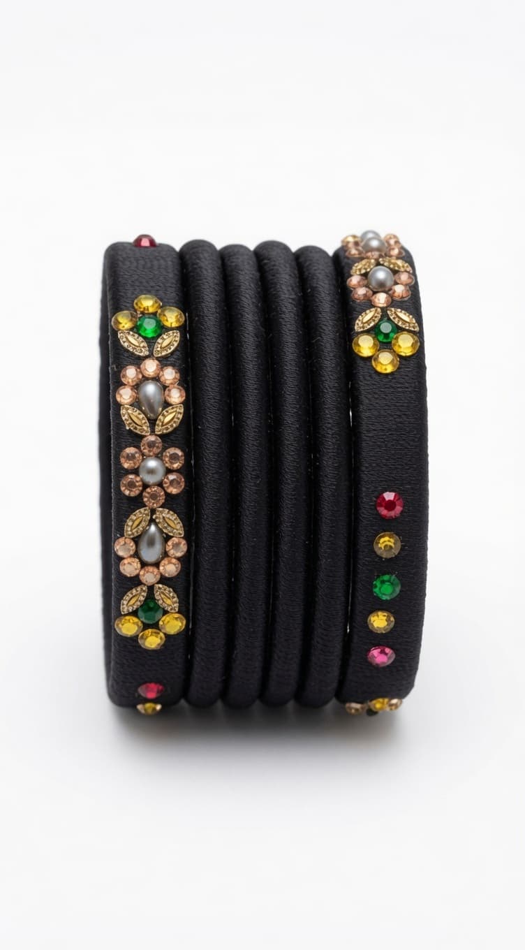 Shanti Collections Handmade Black Silk Thread Bangles Set with Multicolor Floral Stone Embellishments