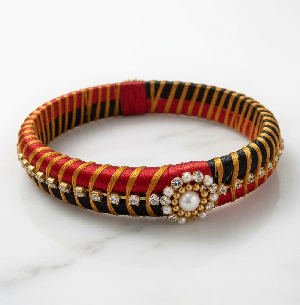 Shanti Collections® Crimson Noir Pearl Blossom Handmade Silk Thread Bangle