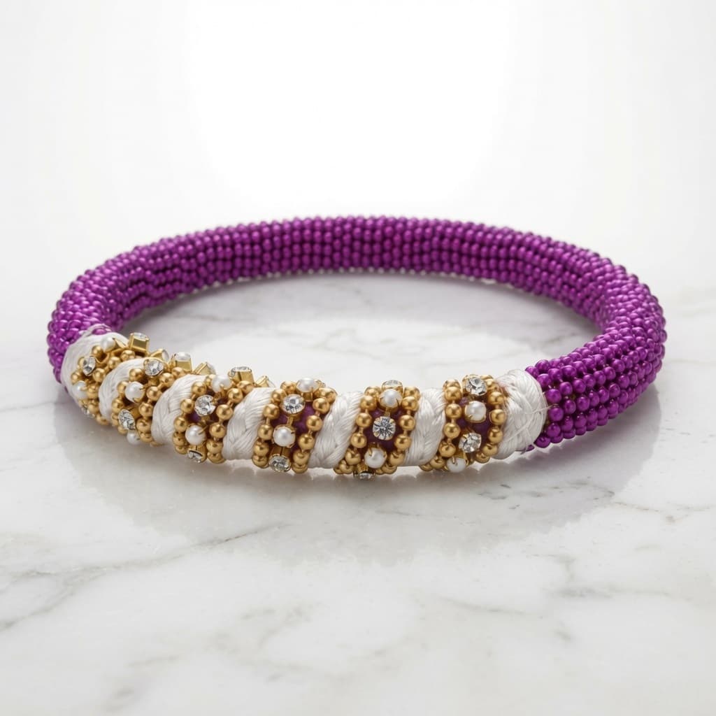 Royal Amethyst Beaded Silk Thread Handmade Bangle | Pearl & Crystal Designer Kada