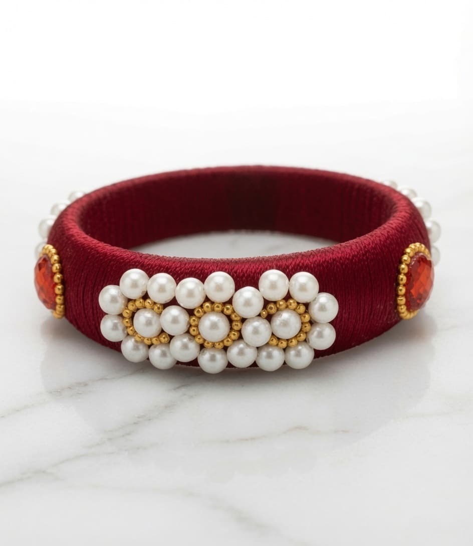 Shanti Collections® Royal Maroon Pearl Blossom Silk Thread Designer Bangle – Handmade Premium Bridal & Festive Fashion Bangle