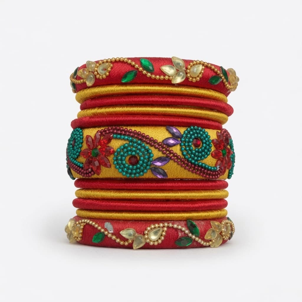 Shanti Collections Handmade Crimson & Gold Floral Designer Silk Thread Bangle Set