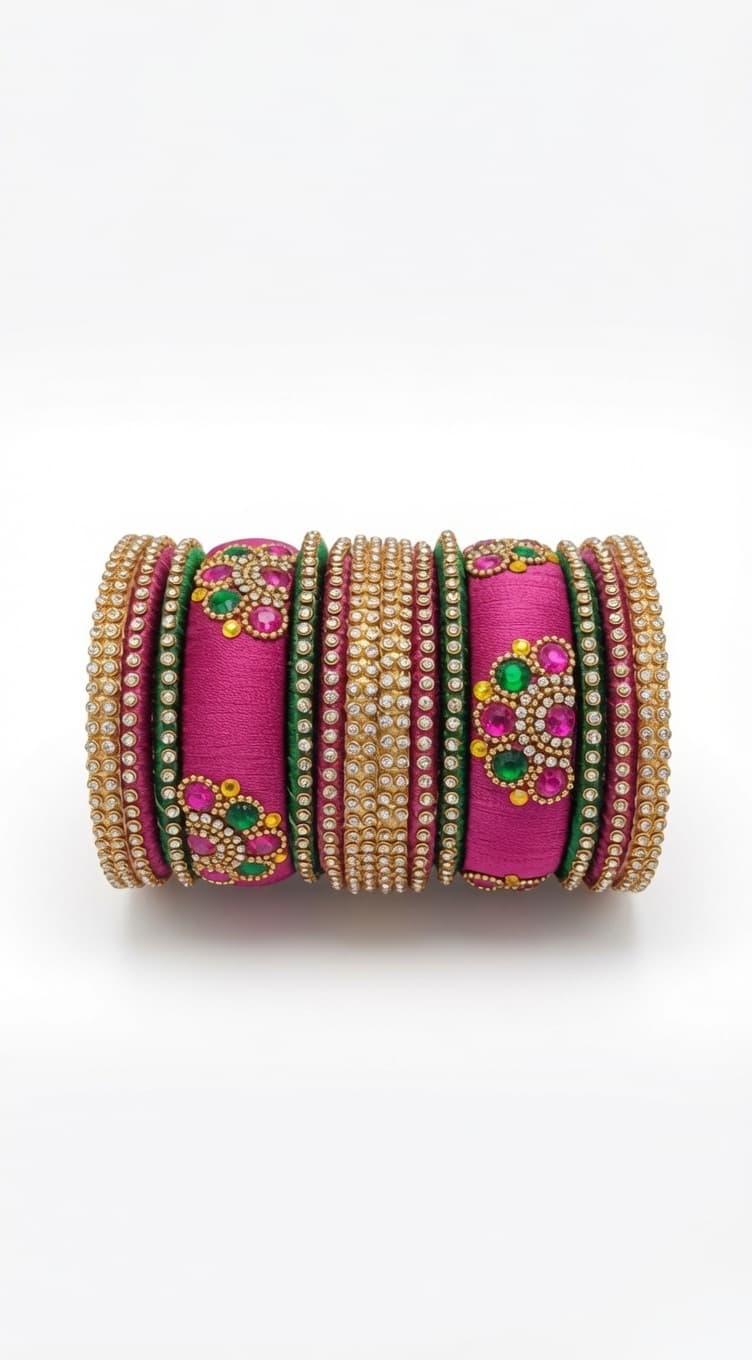 Shanti Collections Handmade Rani Pink Silk Thread Designer Bridal Bangle Set | American Diamond, Emerald Green & Magenta Stone Embellished Premium Bangles