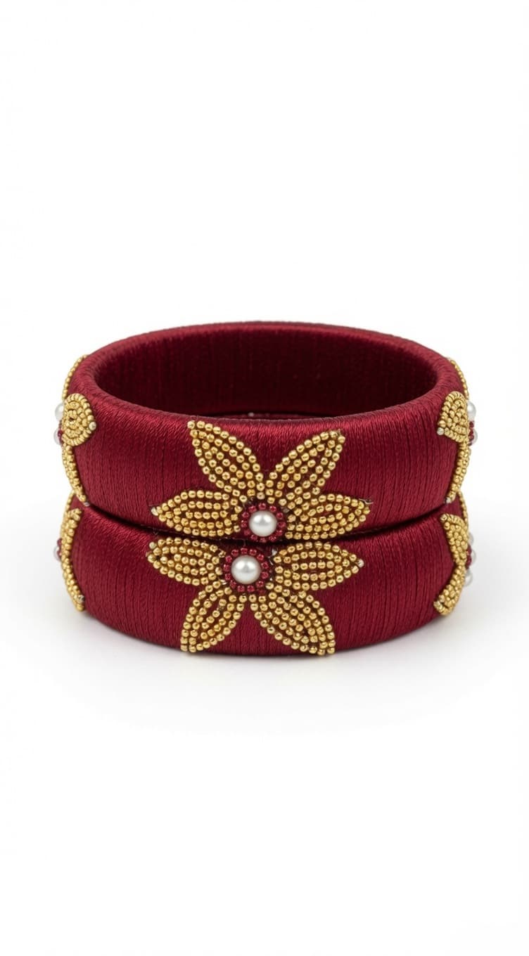 Shanti Collections Handmade Maroon Silk Thread Floral Designer Bangles | Gold Beadwork & Pearl Embellished Premium Kada Pair
