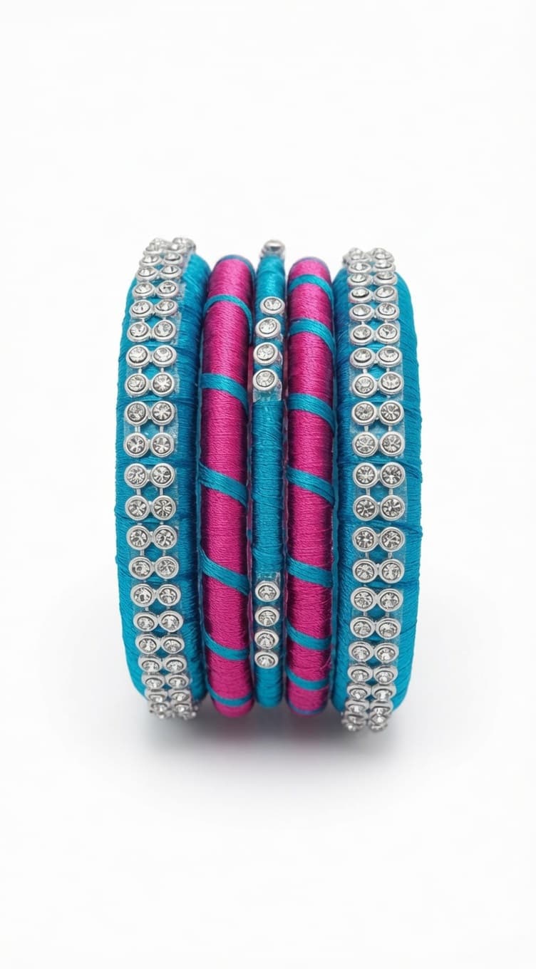 Shanti Collections Handmade Turquoise Blue & Rani Pink Silk Thread Designer Bangle Set | Silver AD Stone Embellished Premium Bangles