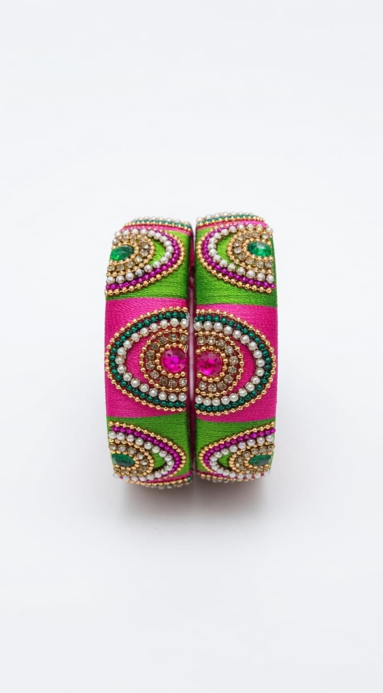 Shanti Collections Handmade Parrot Green & Rani Pink Silk Thread Designer Kada Pair | Kundan, Pearl & Emerald Stone Embellished Premium Bangles