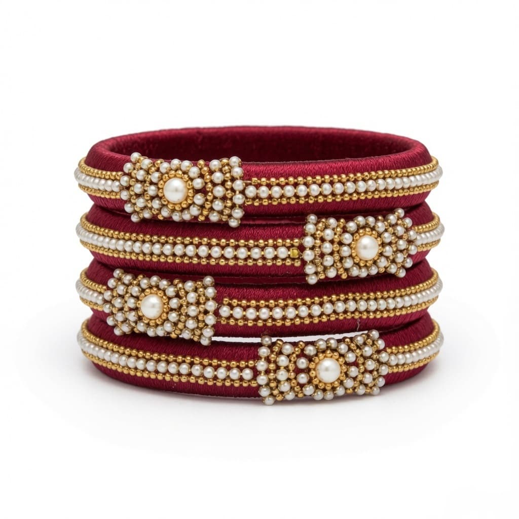 Shanti Collections Crimson Pearl Elegance Handmade Silk Thread Bangle Set | Premium Bridal & Festive Wear Bangles
