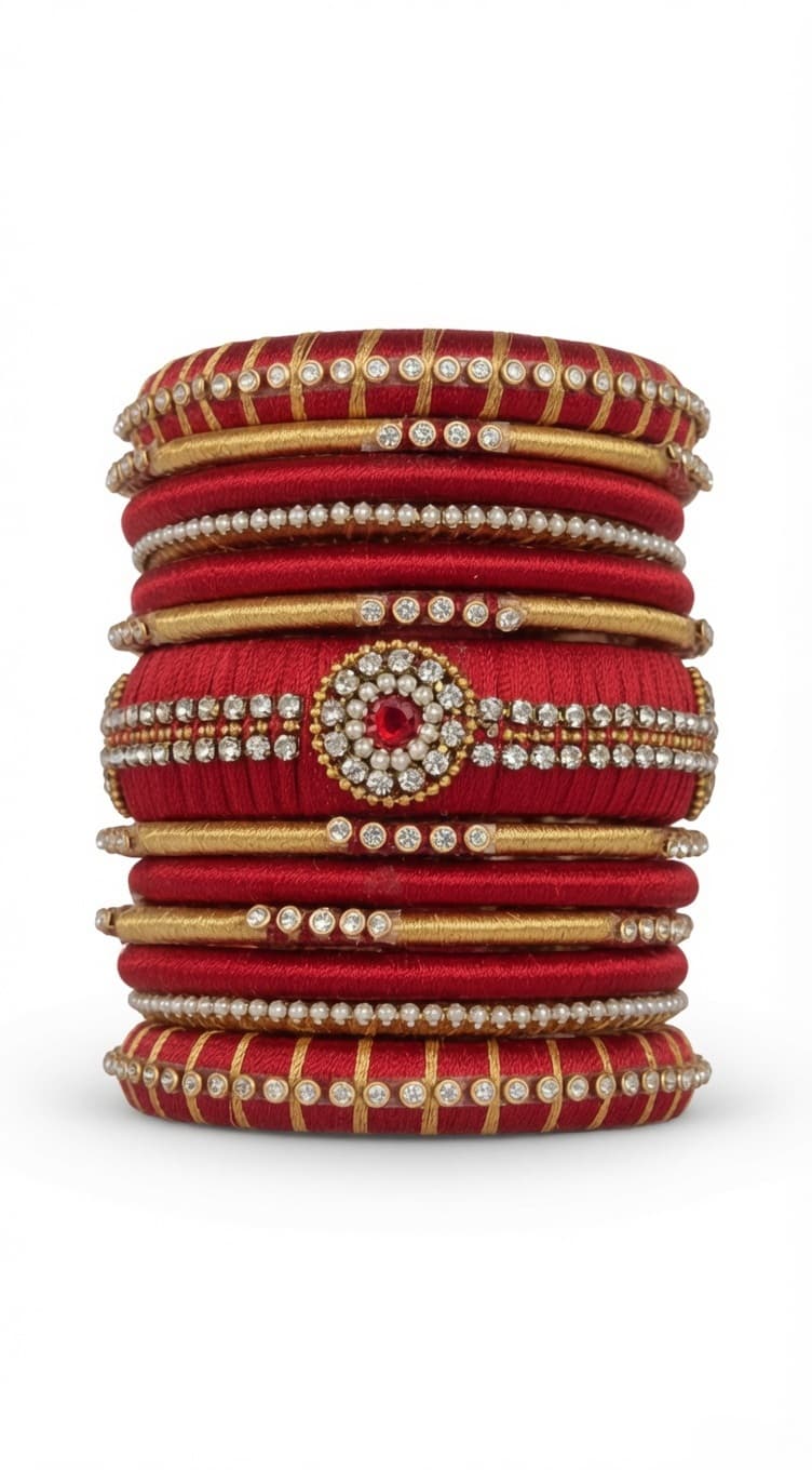 Shanti Collections Handmade Maroon Silk Thread Bridal Designer Bangle Set | Ruby Stone, American Diamond & Pearl Embellished Premium Bangles