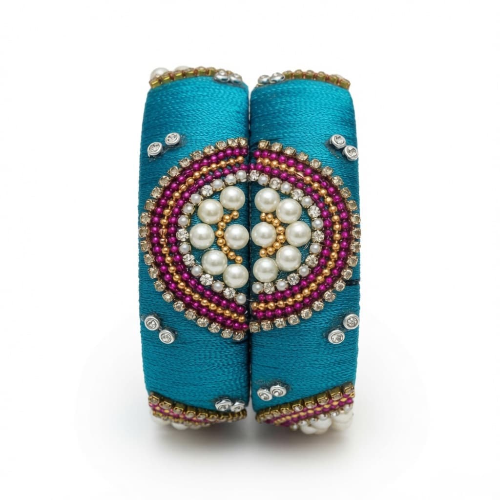 Shanti Collections Aqua Pearl Heart Handmade Silk Thread Bridal Bangle Pair