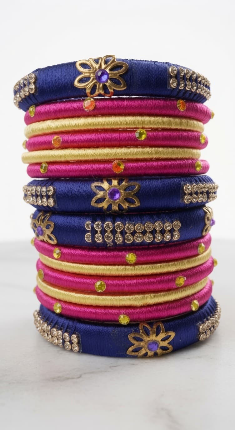 Royal Sapphire & Fuchsia Silk Thread Handmade Bangle Set | Floral Designer Wedding Bangles (Set of 14)