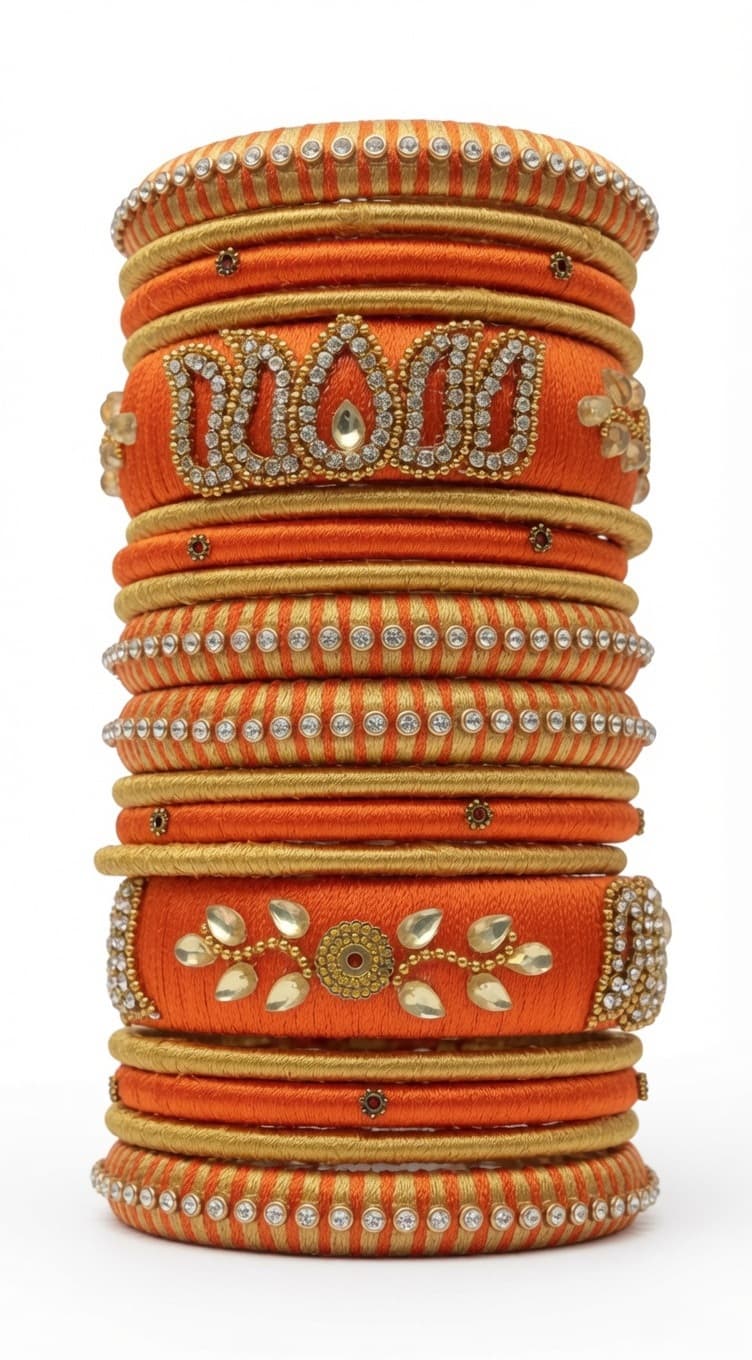 Shanti Collections Handmade Saffron Orange Silk Thread Bridal Bangle Set with Kundan, Crystal Stone & Antique Gold Embellishments