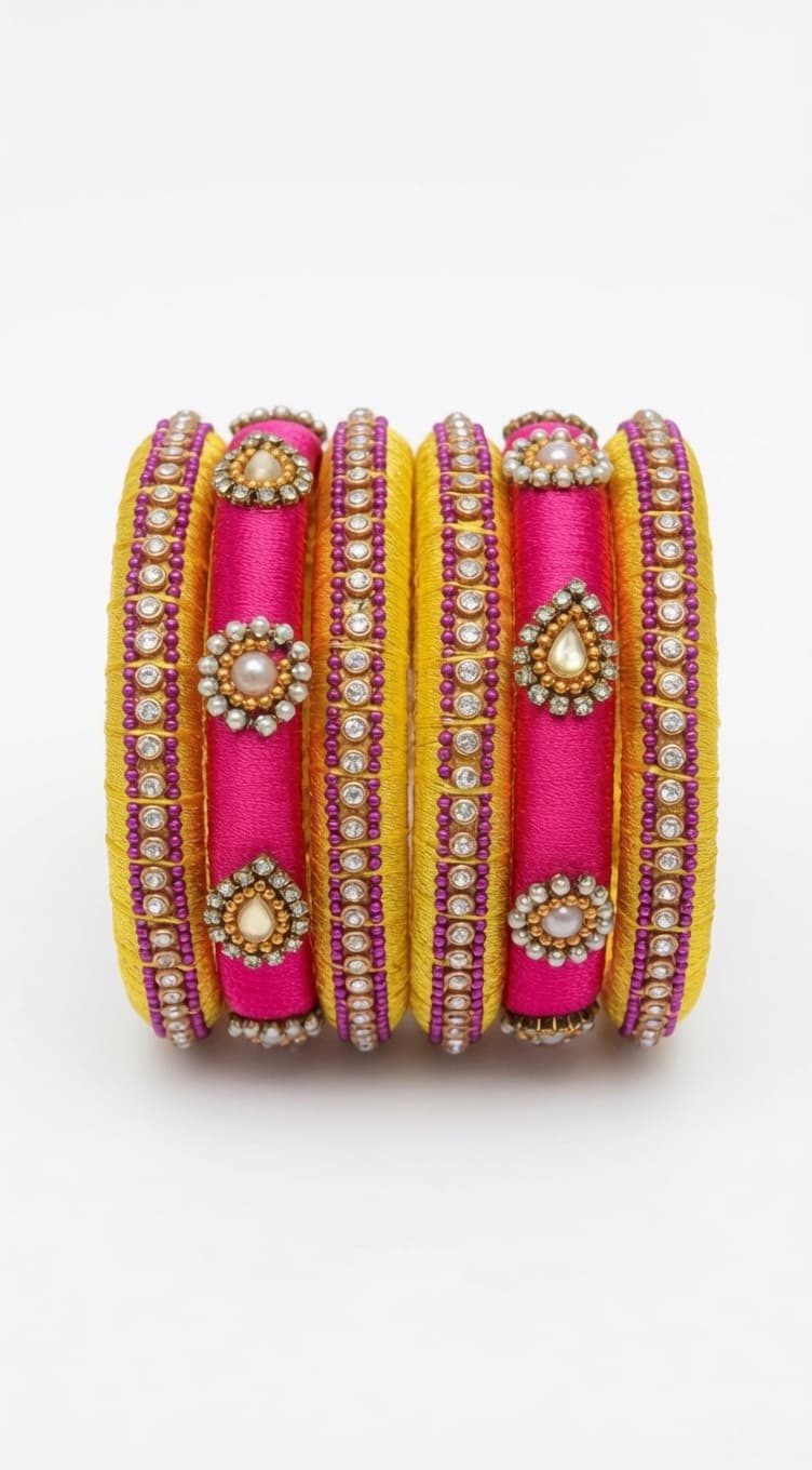 Shanti Collections Handmade Sunshine Yellow & Rani Pink Silk Thread Designer Bangle Set | Pearl, AD Stone & Teardrop Motif Premium Bangles