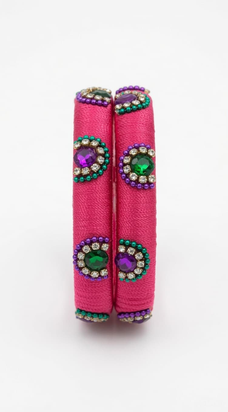Shanti Collections Handmade Pink Silk Thread Designer Bangle Pair with Multicolor Crystal Stone Embellishments